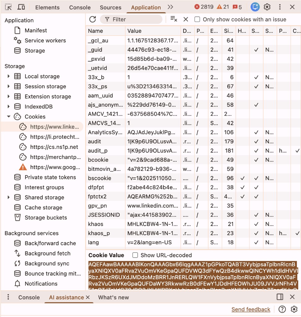 LinkedIn cookie in Application tab